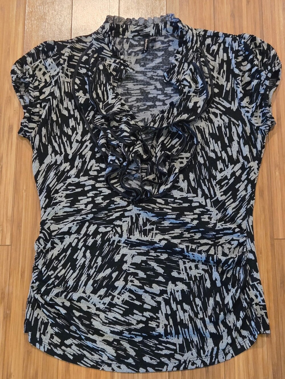 HeartSoul Black and Light Gray Ruffled Cap-Sleeve Blouse